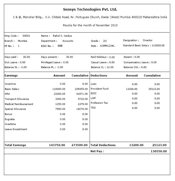 Printable Payslip Template