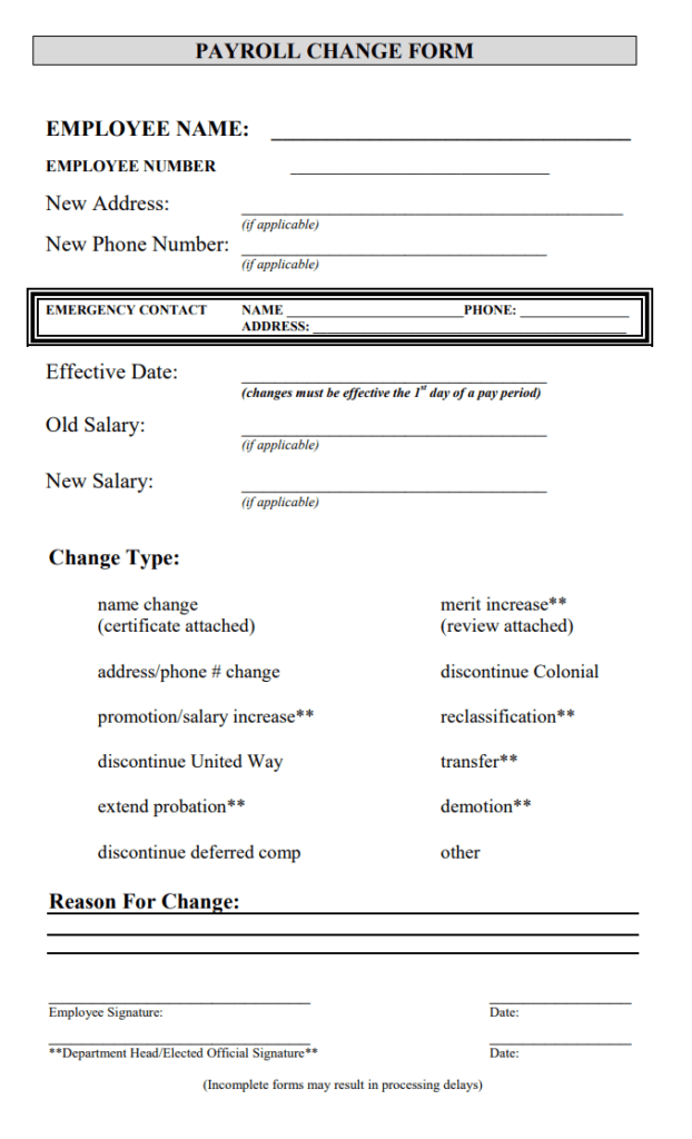 Blank Payroll Change Form