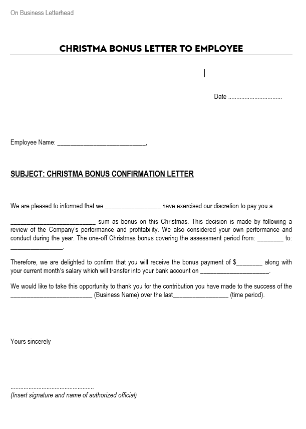 Christmas Bonus Letter to Employee Sample